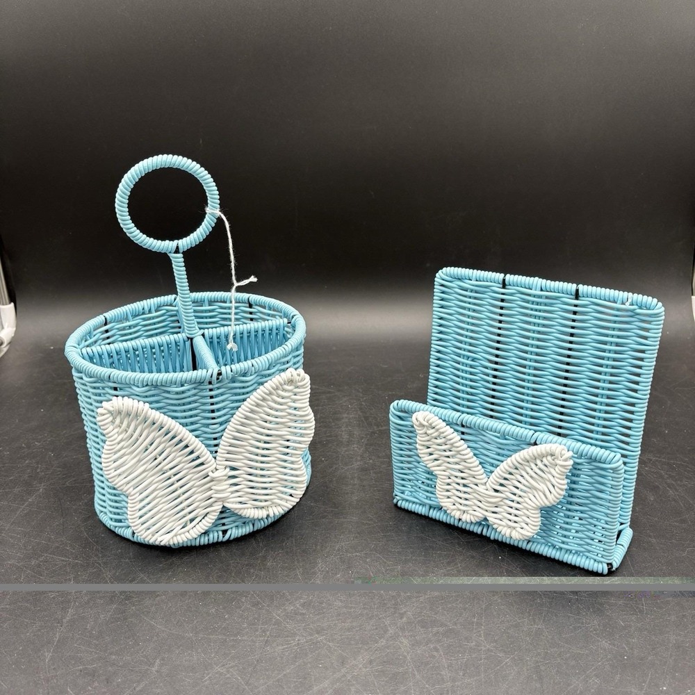 Vtg Set Of 2 Blue Rattan Wicker White Butterfly Utensil & Napkin Caddys Picnic
